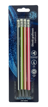 Ołówki grafitowe Astra z czarnego drewna z gumką blister 4 sztuki