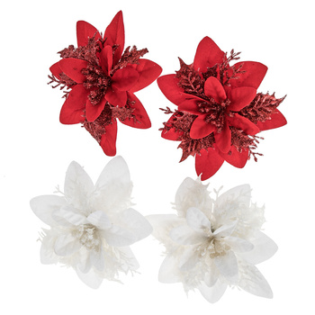 Kwiaty Poinsecji białe czerwone 14cm 4szt.