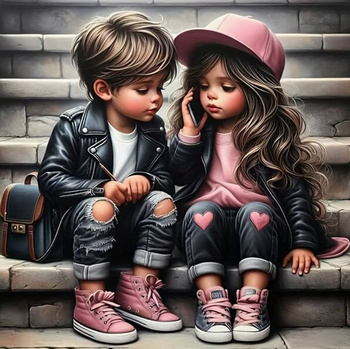 Diamentowa Mozaika Dziewczynka i chłopiec na schodach NO-2001528