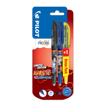 Pióro kulkowe Frixion Ball Naruto Pilot niebieskie + czarne + zakreślacz Frixion light żółty blister
