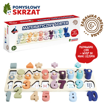 Matematyczny sorter drewniany cyfry i kształty pomysłowy skrzat