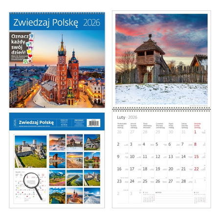 Kalendarz 2026 Zwiedzaj Polskę z naklejkami