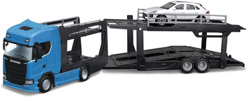 BBURAGO MODEL  STREET FIRE MULTICAR CARRIER SCANIA 770 S FRONT TRAILER + PORSCHE MACAN 1:43