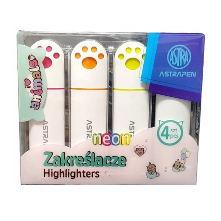 Zakreślacze z łapkami Astrapen Animals neon 4 kolory