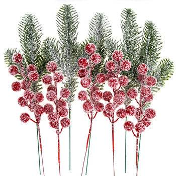 Szronione gałązki dekoracyjne sosna i czerwone owoce 26cm 10szt.
