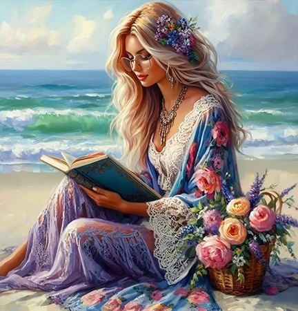 Diamentowa Mozaika Kobieta czytająca na wybrzeżu NO-2001851