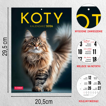 Kalendarz 2026 Koty A4 ścienny