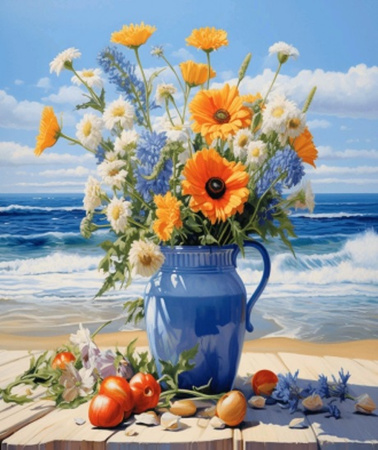Diamentowa Mozaika Kwiaty w wazonie nad brzegiem morza NO-2000167