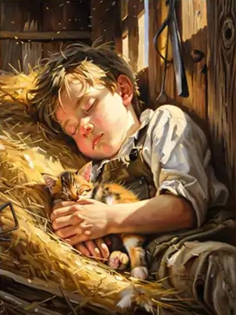 Diamentowa Mozaika Chłopiec śpiący na sianie z kotkiem NO-2003010