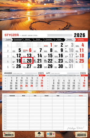 Kalendarz 2026 trójdzielny jednodzielny z planem zajęć Romantyczna plaża KTJ4 V4