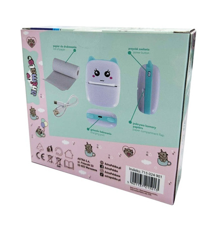 Drukarka termiczna Astrafun Animals box + 10 rolek białego papieru do drukowania