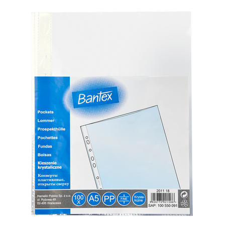 Paczka koszulki krystaliczne A5 Bantex PP 45 mikr. 100 sztuk