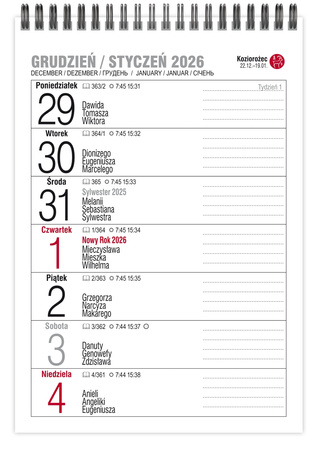 Kalendarz 2026 biurkowy pionowy tygodniowy na spirali KB MINI 1szt.mix