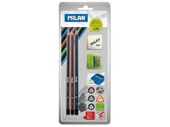 Zestaw Milan 3 ołówki trójkątne, gumka 430, temperówka Afila na blistrze