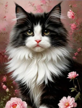 Diamentowa Mozaika Kot czarno-biały w różowych kwiatach NO-2003057