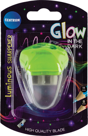 Temperówka plastikowa z dwoma ostrzami i pojemnikiem świecąca w ciemności