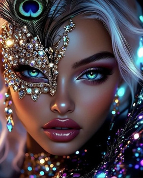 Diamentowa Mozaika Kobieta w złotej masce z piórem pawia NO-2003116