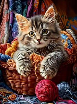 Diamentowa Mozaika Kot w koszyku z włóczką NO-2003128