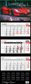 Kalendarz 2026 trójdzielny premium z wypukłą główką Super car