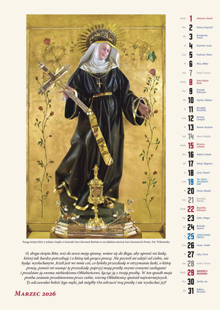 Kalendarz 2026 ścienny Św. Rita Patronka spraw beznadziejnych i niemożliwych