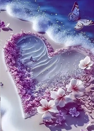 Diamentowa Mozaika Serce na wybrzeżu z kwiatami i motylami NO-2000596