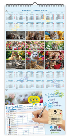 Kalendarz 2026 ścienny paskowy szeroki Koty Kotki Koteczki KPS V6