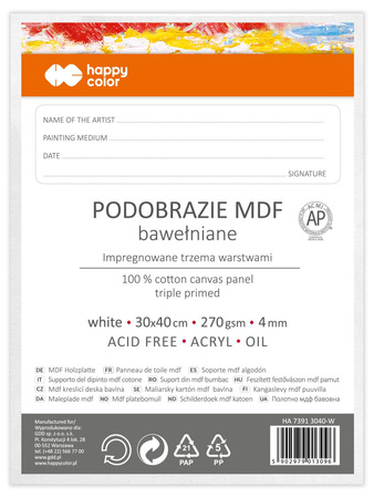 Podobrazie bawełniane białe 30x40 impregnowane MDF Happy Color