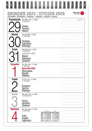 Kalendarz 2026 biurkowy pionowy tygodniowy na spirali KBA5