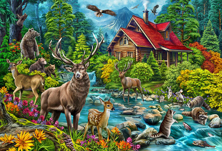 Puzzle 2000 Leśna chatka z czerwonym dachem 113114