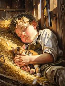 Diamentowa Mozaika Chłopiec śpiący na sianie z kotkiem NO-2003010