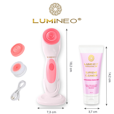 Szczoteczka do twarzy LUMINEO (różowa) + żel oczyszczający do skóry trądzikowej