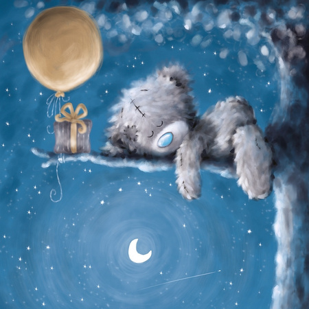 Karnet okolicznościowy Miś na gałęzi z prezentem i balonem 152x152