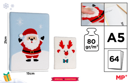 Notatnik A5 pluszowy gładki świąteczny Mikołaj lub Renifer 1szt.mix