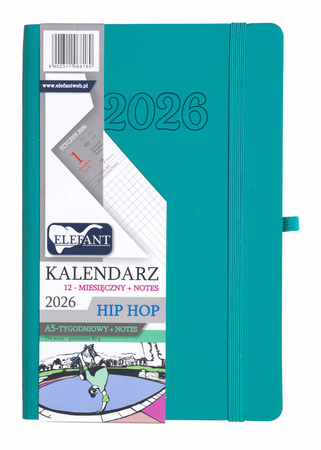 Kalendarz 2026 12 m-cy. Hip hop A5 tygodniowy turkusowy