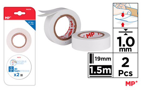 Taśma MP dwustronna piankowa 19mm x 1.5m biała blister 2 sztuki