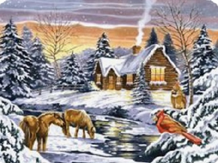 DIAMENTOWA MOZAIKA ZIMA DOM NAD STRUMIENIEM WYPAS KONI NO-2000732