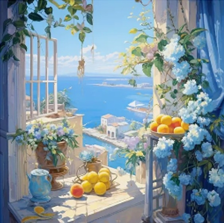 Diamentowa Mozaika Pomarańcze i okno z widokiem na greckie wybrzeże NO-2001364