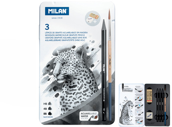 Zestaw 3 ołówków bezdrzewnych + temperówka + gumka + pędzel w metalowym opakowaniu