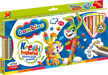 Kredki trójkątne Bambino w oprawie drewnianej 24 kolory z temperówką