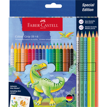 Kredki Grip dinozaury Faber-Castell 18 kolorów + 6 kolorów metalicznych + naklejki