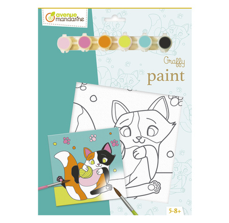 Podobrazie z nadrukiem + farby + pędzel - Kot 20x20 cm