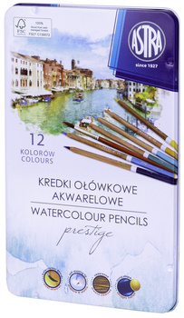 Kredki akwarelowe z drewna cedrowego prestige Astra w metalowym pudełku 12 kolorów
