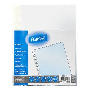 Paczka koszulki krystaliczne A5 Bantex PP 45 mikr. 100 sztuk