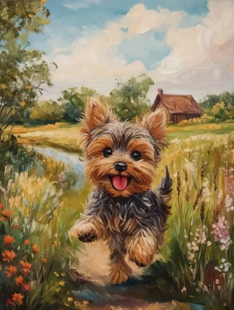 Diamentowa Mozaika Pies York biegnący przez łąkę NO-2003063