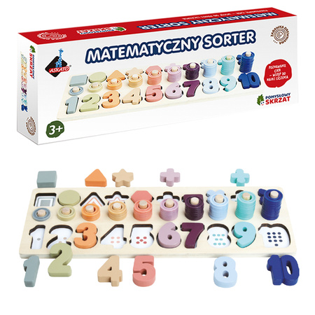 Matematyczny sorter drewniany cyfry i kształty pomysłowy skrzat