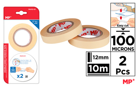 Taśma MP dwustronna 12mmx10m 100 mikronów blister 2 sztuki