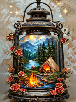 Diamentowa Mozaika Lampion z namiotem i ogniskiem w górach NO-2003111