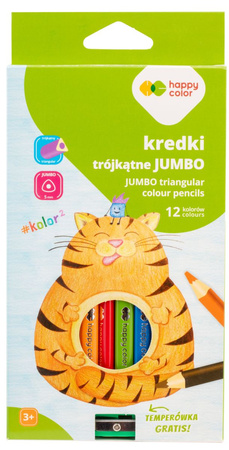Kredki drewniane Jumbo trójkątne 12 kolorów + temperówka Happy Color