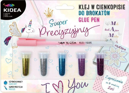 Klej precyzyjny w cienkopisie 5 brokatów Kidea