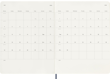 Kalendarz 2026 12M Moleskine XL tygodniowy miękka oprawa Sapphire blue 19x25cm